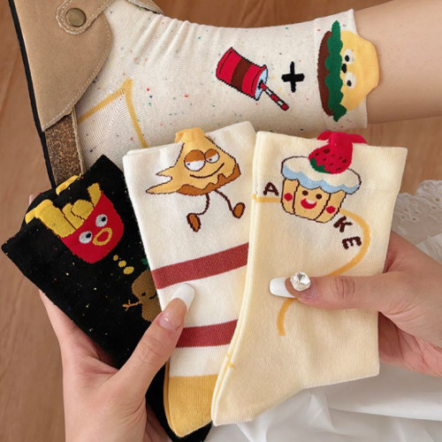 襪子女中筒襪秋冬款搞怪可愛韓國ins潮卡通個性薯條長筒堆堆長襪