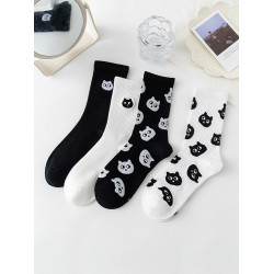 貓咪刺綉純棉襪子女白色中筒襪秋季搭配老爹鞋卡通長襪ins潮秋冬