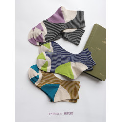 襪子女清新條紋拼色中筒襪純棉舒適無骨縫合棉襪簡約百搭紫色襪子