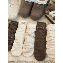 碎花蝴蝶結花邊堆堆襪子女中筒襪春秋季棉襪復古日系女生長筒長襪