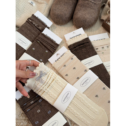 碎花蝴蝶結花邊堆堆襪子女中筒襪春秋季棉襪復古日系女生長筒長襪 碎花蝴蝶結花邊堆堆襪子女中筒襪春秋季棉襪復古日系女生長筒長襪