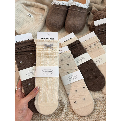 碎花蝴蝶結花邊堆堆襪子女中筒襪春秋季棉襪復古日系女生長筒長襪 碎花蝴蝶結花邊堆堆襪子女中筒襪春秋季棉襪復古日系女生長筒長襪