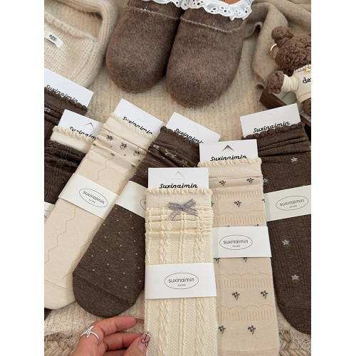 碎花蝴蝶結花邊堆堆襪子女中筒襪春秋季棉襪復古日系女生長筒長襪 碎花蝴蝶結花邊堆堆襪子女中筒襪春秋季棉襪復古日系女生長筒長襪