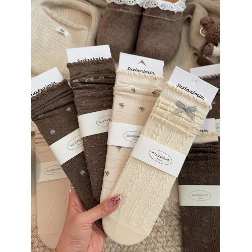 碎花蝴蝶結花邊堆堆襪子女中筒襪春秋季棉襪復古日系女生長筒長襪 碎花蝴蝶結花邊堆堆襪子女中筒襪春秋季棉襪復古日系女生長筒長襪