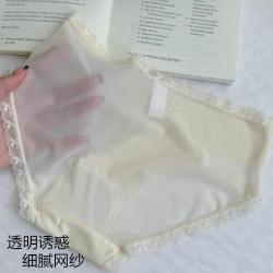 法式絲滑緞面睫毛蕾絲性感透明網紗透氣低腰三角褲內褲女側拖帶