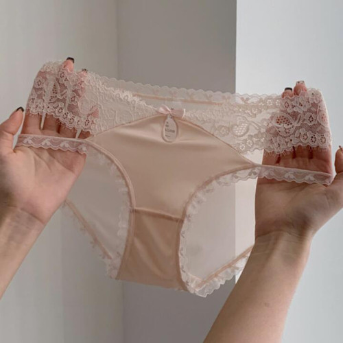 法式絲滑緞面睫毛蕾絲性感透明網紗透氣低腰三角褲內褲女側拖帶