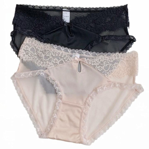 法式絲滑緞面睫毛蕾絲性感透明網紗透氣低腰三角褲內褲女側拖帶