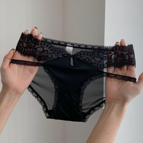 法式絲滑緞面睫毛蕾絲性感透明網紗透氣低腰三角褲內褲女側拖帶