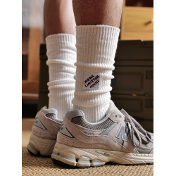 潮牌男士高幫高筒布標小腿襪個性雙針堆堆襪白色日系潮流長筒長襪