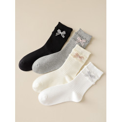 春秋襪子女短襪純棉飾品蝴蝶結芭蕾風精梳棉極抗無骨中筒白色女襪