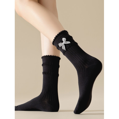 春秋襪子女短襪純棉飾品蝴蝶結芭蕾風精梳棉極抗無骨中筒白色女襪