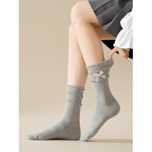 春秋襪子女短襪純棉飾品蝴蝶結芭蕾風精梳棉極抗無骨中筒白色女襪