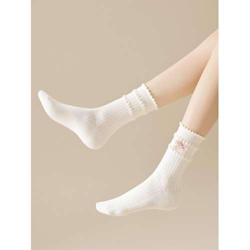 春秋襪子女短襪純棉飾品蝴蝶結芭蕾風精梳棉極抗無骨中筒白色女襪