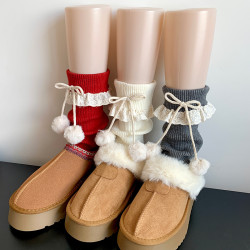 jk白色蕾絲花邊堆堆襪女中筒日系甜美毛球小腿套秋冬季雪地靴襪套