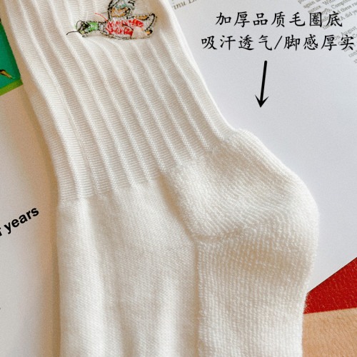 3雙 襪子男女中筒長襪純棉毛巾底吸汗透氣黑白襪子日潮小鴨子刺綉