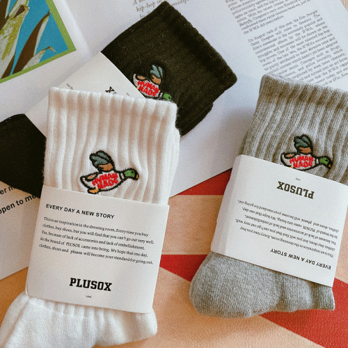 3雙 襪子男女中筒長襪純棉毛巾底吸汗透氣黑白襪子日潮小鴨子刺綉