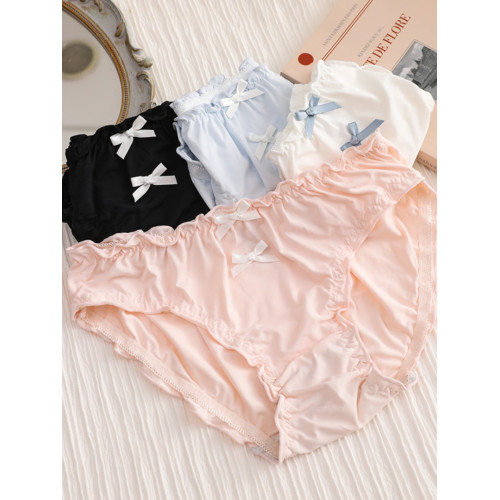 簡約純色雙蝴蝶結內褲女中腰包臀絲滑柔軟甜美木耳邊少女三角短褲