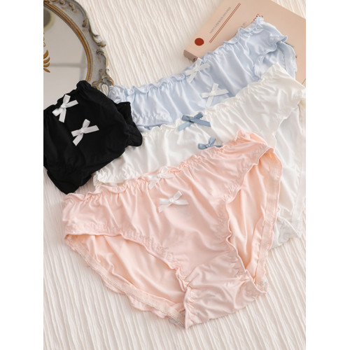 簡約純色雙蝴蝶結內褲女中腰包臀絲滑柔軟甜美木耳邊少女三角短褲