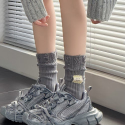 秋冬菸灰色小腿襪女堆堆襪咖色破洞短襪子笑臉ins潮襪白色中筒襪