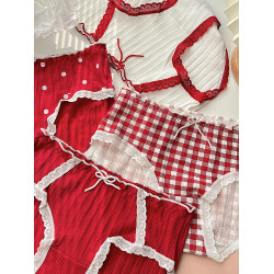 甜美格子~3條新年少女蝴蝶結棉質抑菌舒適可愛柔軟本命年大紅內褲