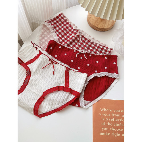 甜美格子~3條新年少女蝴蝶結棉質抑菌舒適可愛柔軟本命年大紅內褲 甜美格子~3條新年少女蝴蝶結棉質抑菌舒適可愛柔軟本命年大紅內褲