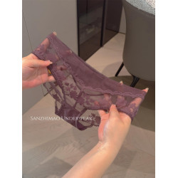 2025新款法式蕾絲純欲純色緞面鏤空低腰三角內褲女透氣全棉襠絲緞