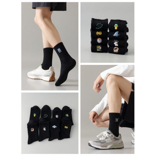 黑色襪子男款長襪純棉防臭吸汗秋冬款男士可愛刺綉長筒運動籃球襪 黑色襪子男款長襪純棉防臭吸汗秋冬款男士可愛刺綉長筒運動籃球襪