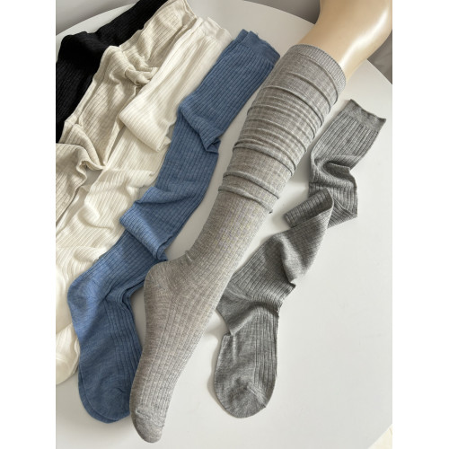春夏薄款白色堆曡過膝襪女棉竪紋長筒襪ins潮時髦百搭灰色高筒襪