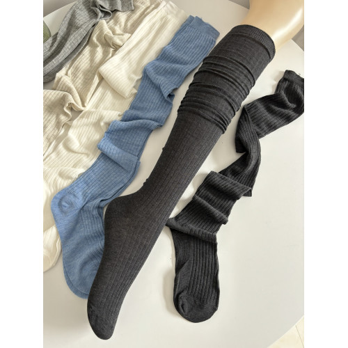 春夏薄款白色堆曡過膝襪女棉竪紋長筒襪ins潮時髦百搭灰色高筒襪