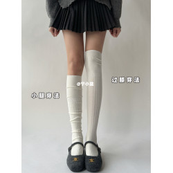 甯小益竪條紋過膝襪子女秋冬日系奶白色拼接長筒襪顯瘦竪條堆堆襪