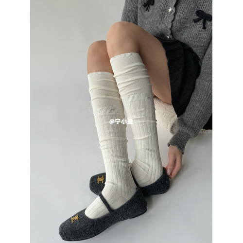 甯小益竪條紋過膝襪子女秋冬日系奶白色拼接長筒襪顯瘦竪條堆堆襪 甯小益竪條紋過膝襪子女秋冬日系奶白色拼接長筒襪顯瘦竪條堆堆襪