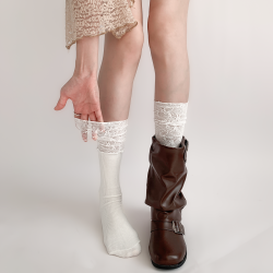 夜間教習室長筒襪子女春秋蕾絲拼接花邊襪洛麗塔黑色jk過膝堆堆襪