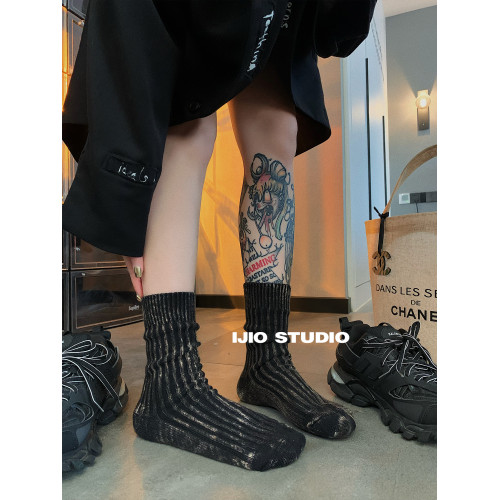 IJIO 秋冬做舊廢土風粗線褪色紥染中筒襪ins風工裝襪復古堆堆潮襪 IJIO 秋冬做舊廢土風粗線褪色紥染中筒襪ins風工裝襪復古堆堆潮襪