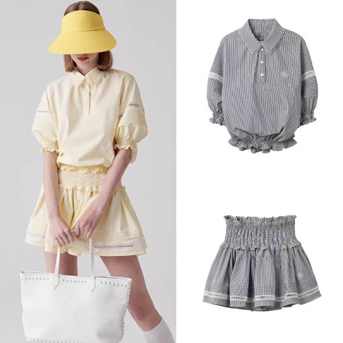 特價清韓系小衆高爾夫女士服裝時尚百搭條紋收褶上衣顯瘦高腰短裙 特價清韓系小衆高爾夫女士服裝時尚百搭條紋收褶上衣顯瘦高腰短裙