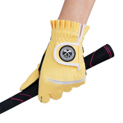 2雙可 高爾夫球女士手套防滑PU皮革耐磨透氣粉黃色左右手1雙