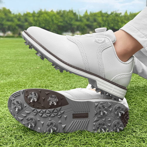 新款輕量有釘舒適休閒旋轉釦男士布洛克高爾夫球鞋活動釘防滑耐磨