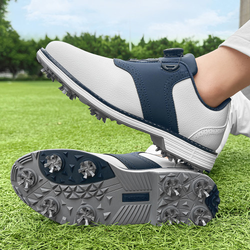新款輕量有釘舒適休閒旋轉釦男士布洛克高爾夫球鞋活動釘防滑耐磨