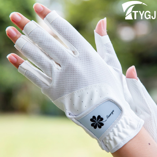 ！ 高爾夫女士手套 夏季透氣露指 PU防滑波紋左右雙手運動1雙