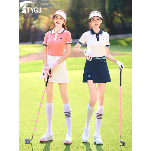 高爾夫球女士短袖T恤POLO衫修身白藍桔色短褲裙子運動球衣服套裝