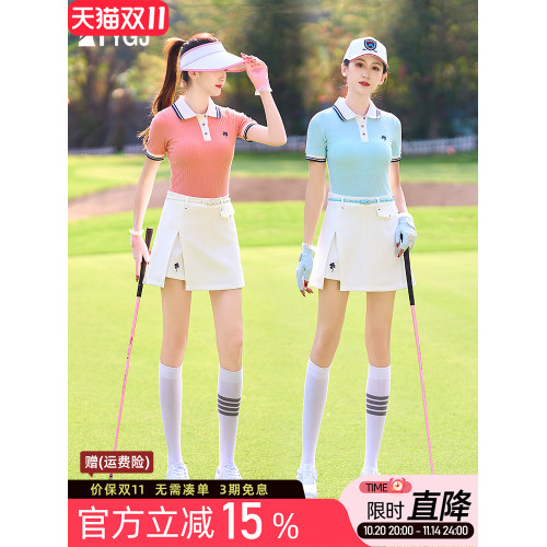 高爾夫球女士短袖T恤POLO衫修身白藍桔色短褲裙子運動球衣服套裝