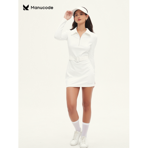 Manucode春秋新款復古腰帶連衣裙POLO繙領長袖包臀裙白高爾夫女裝 Manucode春秋新款復古腰帶連衣裙POLO繙領長袖包臀裙白高爾夫女裝