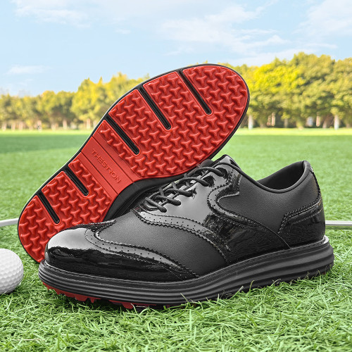 新款真皮男士高爾夫球鞋輕便運動鞋耐磨系帶透氣防滑男鞋