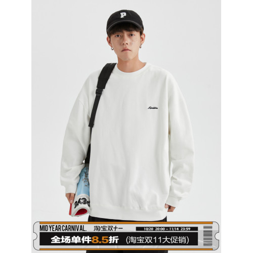 男道秋冬純色字母刺綉圓領衛衣男休閒情侶基礎款加絨長袖套頭上衣