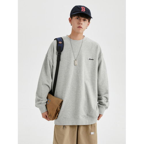 男道秋冬純色字母刺綉圓領衛衣男休閒情侶基礎款加絨長袖套頭上衣