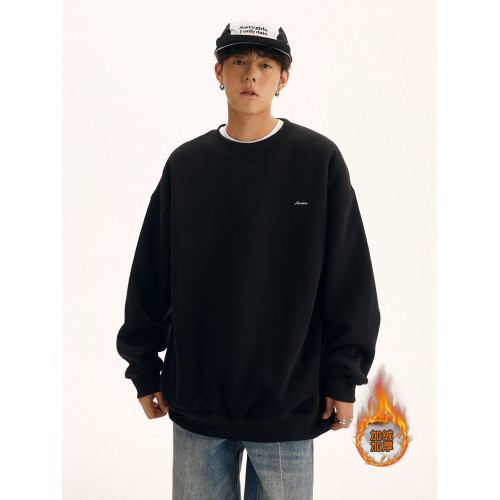 男道秋冬純色字母刺綉圓領衛衣男休閒情侶基礎款加絨長袖套頭上衣