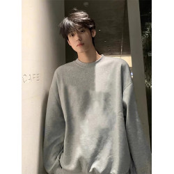 淺花灰色美式復古衛衣男款秋冬小領口長袖t恤重磅加絨內搭打底衫