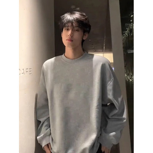 淺花灰色美式復古衛衣男款秋冬小領口長袖t恤重磅加絨內搭打底衫