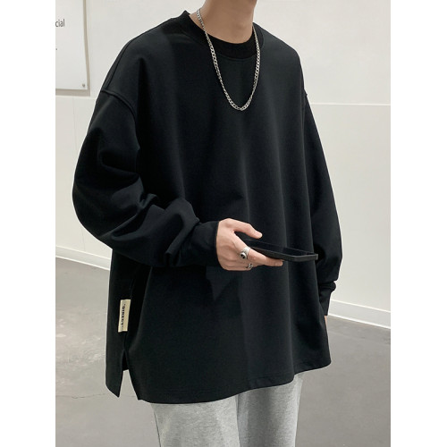 美式衛衣男春秋潮牌長袖開衩打底衫寬松大碼t恤加絨重磅純色內搭 美式衛衣男春秋潮牌長袖開衩打底衫寬松大碼t恤加絨重磅純色內搭