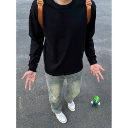 純黑色小領口圓領衛衣男款秋冬痞帥高級感長袖t恤美式內搭打底衫