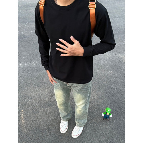 純黑色小領口圓領衛衣男款秋冬痞帥高級感長袖t恤美式內搭打底衫